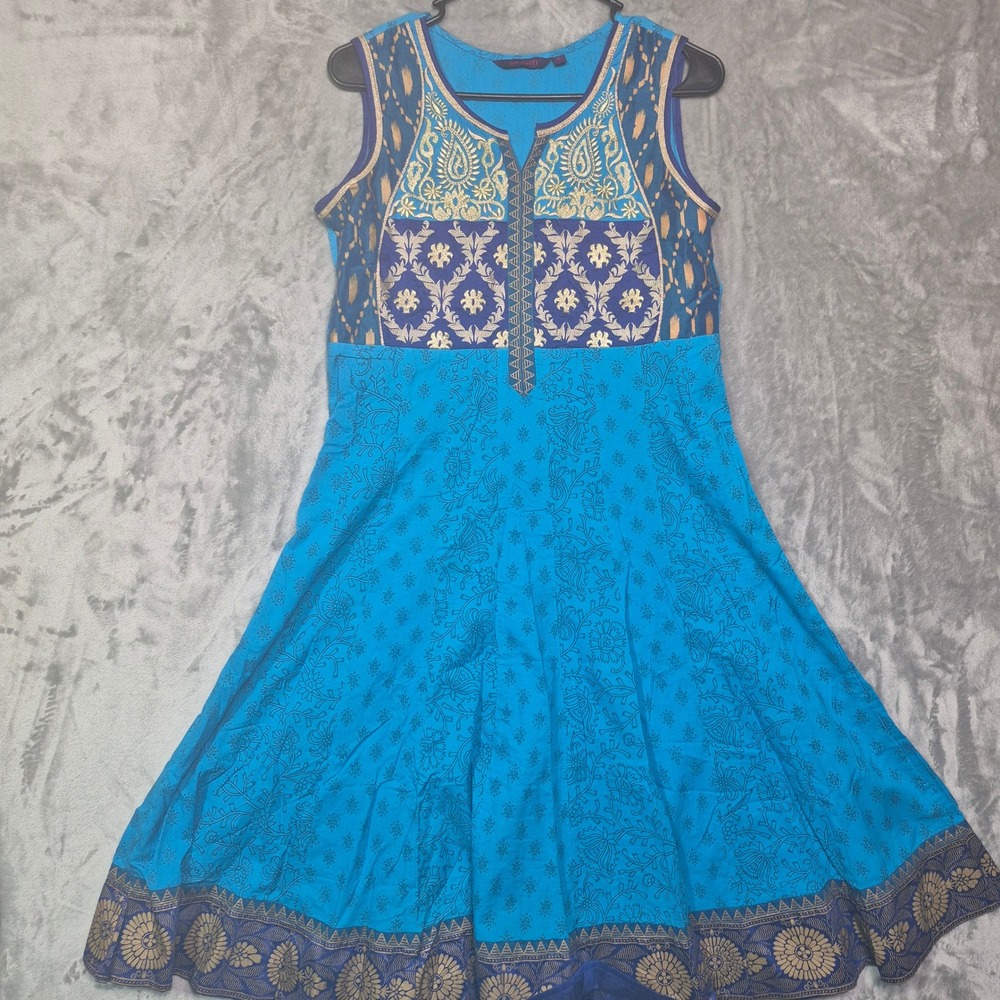 Srishti Womens Blue Cotton Kurta Dress Sleeveless Gold Embroidered Size S
